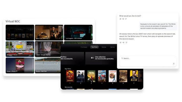 Witbe AI-powered QA test automation with Virtual NOC mosaic, streaming interface, and natural language scenario creation.