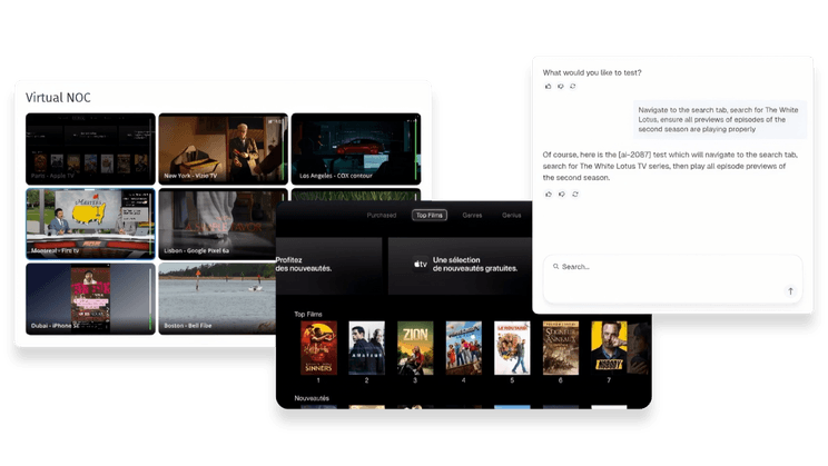 Witbe AI-powered QA test automation with Virtual NOC mosaic, streaming interface, and natural language scenario creation.