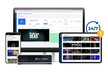 Witbe video service monitoring with REC interface displayed on desktop, tablet, and smartphone, powered by a Witbox.