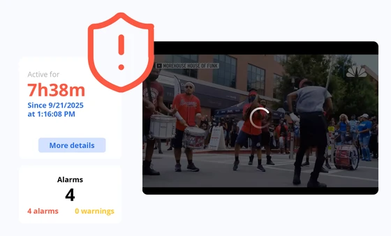 Witbe instant alerts showing video playback error with buffering detection, red warning icon, and alarm counters.