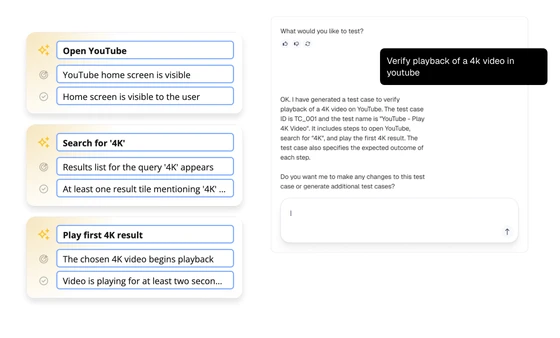 Witbe Agentic AI natural language test creation validating 4K YouTube video playback with automated step generation.