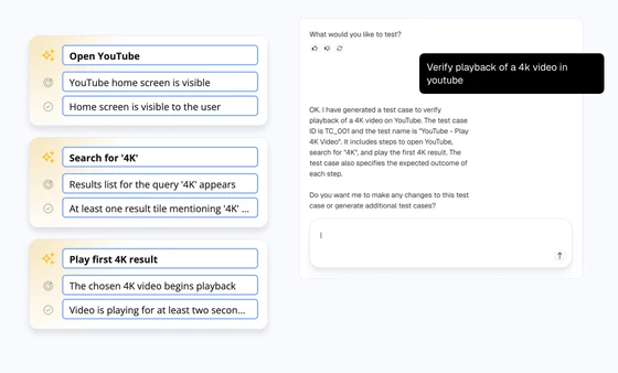 Witbe Agentic AI natural language test creation validating 4K YouTube video playback with automated step generation.