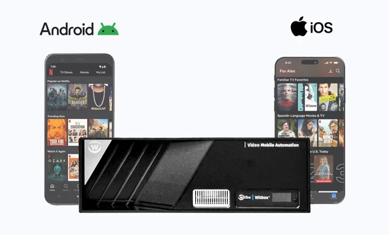 Witbe Video Mobile Automation device placed between Android and iOS smartphones used for automated video testing.