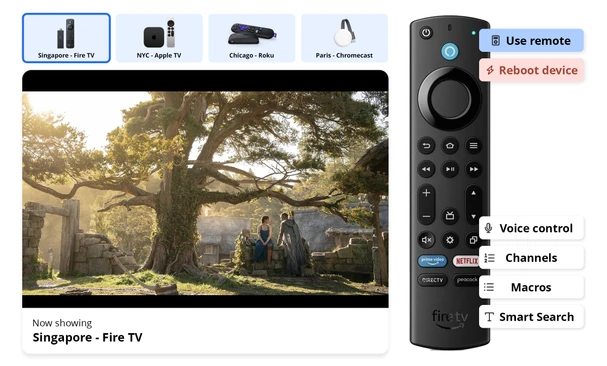 Image showing a screen and a remote with ways to control the stream with the remote