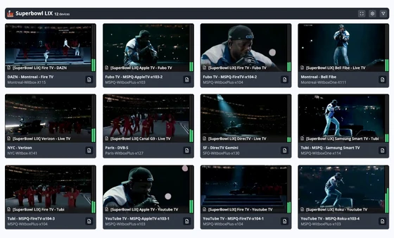 Witbe mosaic view streaming the Super Bowl halftime show on multiple devices and platforms across different regions.