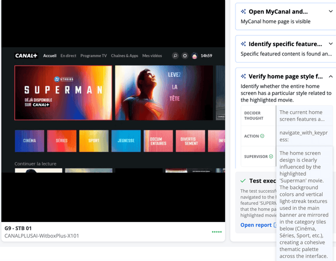 CANAL+ home screen on a set-top box showing a Superman hero banner while an AI test panel verifies that the full UI styling matches the highlighted content across the interface.
