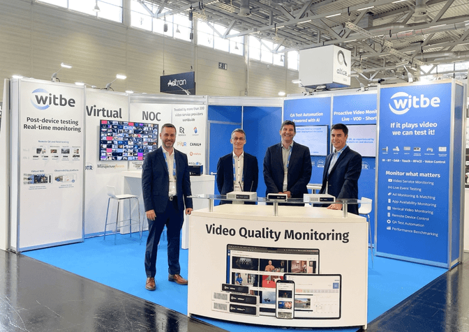 Witbe booth at ANGA COM 2025 presenting Virtual NOC, real-time video monitoring, QA automation, and video quality testing on real devices.