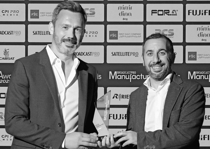 Yann Caron, Witbe CSO and Johnny Rizk, Witbe Head of Sales Middle East, Africa and Turkey hold the BroadcastPRO Manufacturer Award for Best in Facility Infrastructure.