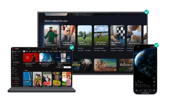 Short-form video feeds tested side by side on a Smart TV, a laptop browser and a mobile phone