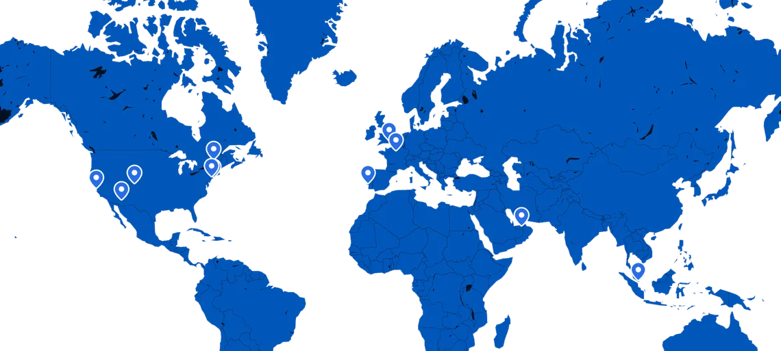 Witbe global locations map showing international offices across North America, Europe, Asia and Southeast Asia.