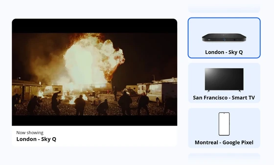 Witbe Agentic AI real-device monitoring showing live playback on Sky Q in London with device selection options.