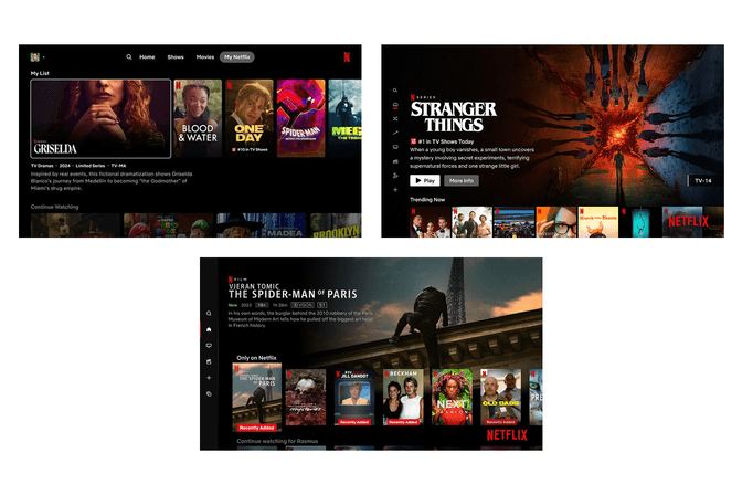 Examples of Smart TV app home screens with different layouts and dynamic content, illustrating why scripted UI tests break.