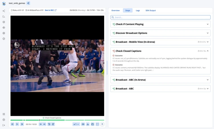 Witbe Smartgate AI interface showing a detected closed caption anomaly on an NBA broadcast.