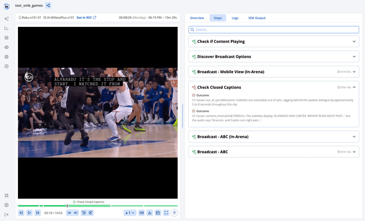 Witbe Smartgate AI interface showing a detected closed caption anomaly on an NBA broadcast.