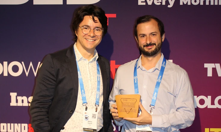 Mathieu Planche and Gauthier Lamaison receiving an award at IBC 2026.