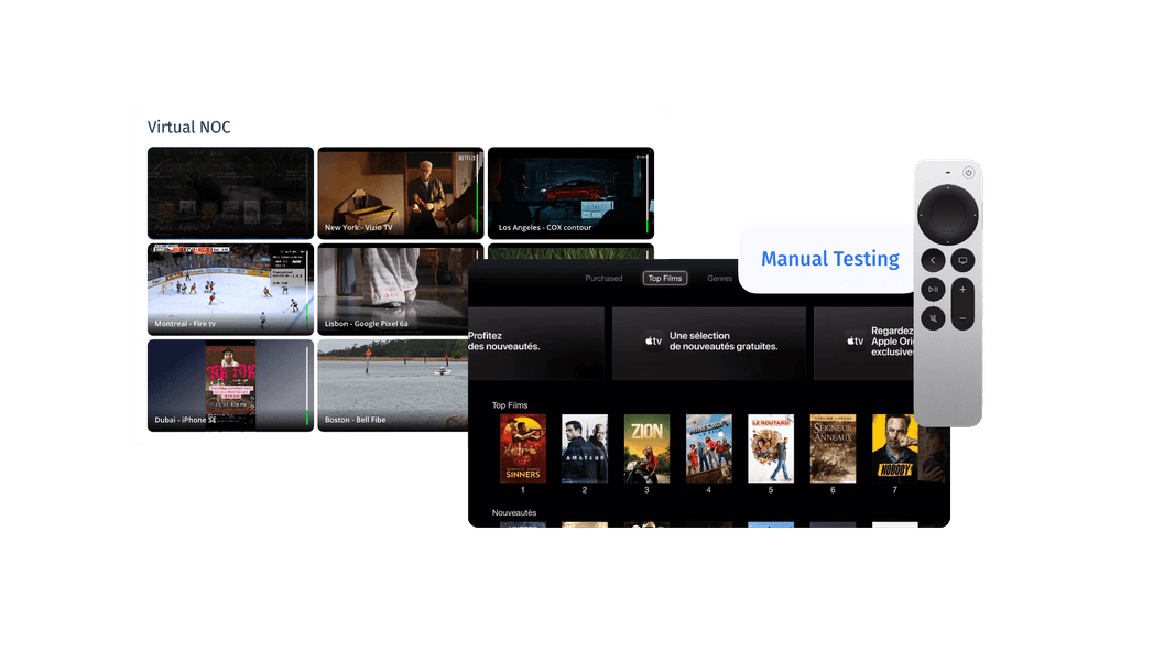 Witbe REC interface showing remote device control and manual video testing with the Virtual NOC.
