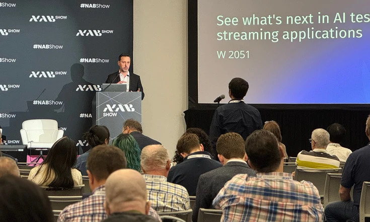 Yoann Hinard presenting the next steps in AI testing for streaming applications at NAB 2026.