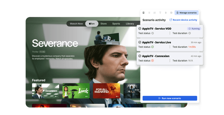 REC scenario panel showing active, scheduled, and quick-launch test scenarios.