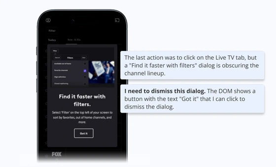 Witbe Agentic AI adaptive automation detecting and closing a pop-up dialog during live TV app testing on a mobile device.