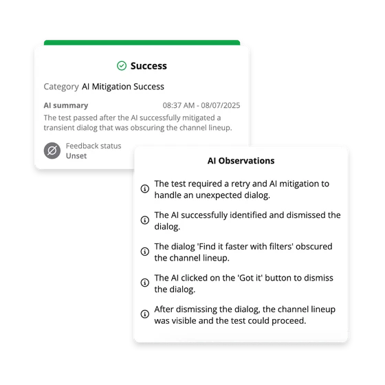 Witbe Agentic AI Analyst Agent displaying automated test results with AI mitigation success and detailed observations.