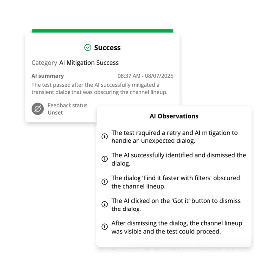 Witbe Agentic AI Analyst Agent displaying automated test results with AI mitigation success and detailed observations.