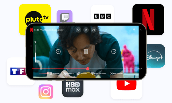 Mobile streaming test interface showing Netflix playback surrounded by icons for Disney+, YouTube, HBO Max, and Twitch.