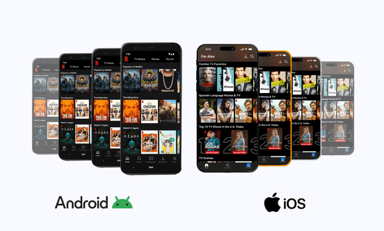 Side-by-side view of Android and iOS smartphones running streaming app tests, illustrating cross-platform automation.
