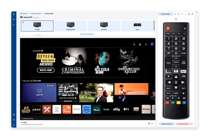 Witbe REC interface showing Smart TV device view with live screen capture and remote control for real-device QA testing.