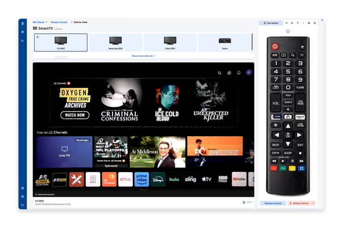 Witbe REC interface showing Smart TV device view with live screen capture and remote control for real-device QA testing.