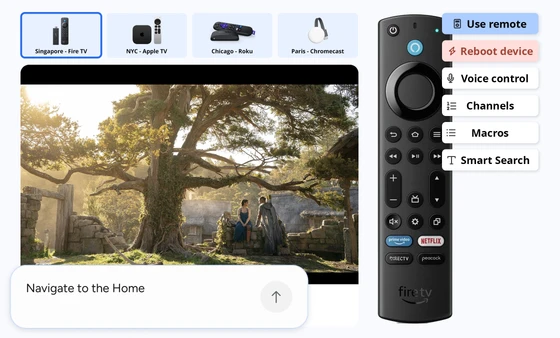Witbe remote control AI interface with Fire TV video playback, navigation buttons, macros, voice commands, and smart search.