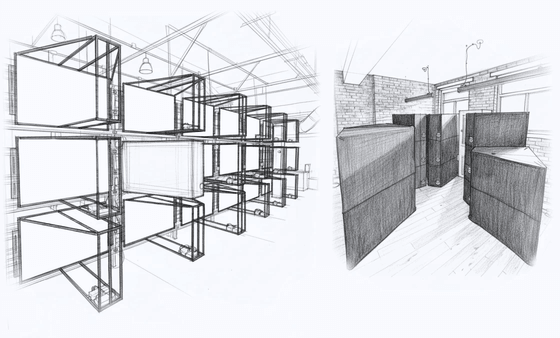 Sketch of Witbe visual validation lab setup for Smart TV with multiple testing screens arranged in structured racks.
