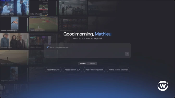 Wall of live video services running on real devices in cities worldwide, fading into a natural language query screen that reads "Good morning, Mathieu. What do you want to explore?"