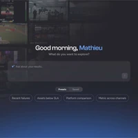 Wall of live video services running on real devices in cities worldwide, fading into a natural language query screen that reads "Good morning, Mathieu. What do you want to explore?"